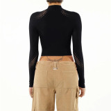 Solid Color Half High Neck High Waist Navel Exposed Hollow Knit Top