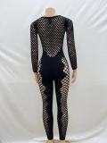 Solid Color Round Neck Long Sleeved Hollow Out Knitted Jumpsuit