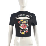 Printed Rose Slim Fit Short Top with Exposed Navel