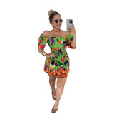 Printed Waist Cinched Backless Lantern Sleeves with a Shoulder Length and Two Piece Dress