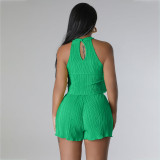 Casual Pleated Fabric Sleeveless Vest and Shorts Two-piece Set