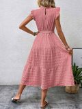 Wooden Ear Edge Flying Sleeve Lace Up Texture Dress