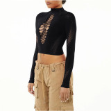 Solid Color Half High Neck High Waist Navel Exposed Hollow Knit Top