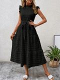 Wooden Ear Edge Flying Sleeve Lace Up Texture Dress
