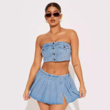 Elastic Wrapped Chest Button Denim Split Skirt Set