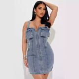 Elastic Denim Patchwork Dress with Shoulder Strap Buckle Adjuster