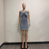 Elastic Denim Patchwork Dress with Shoulder Strap Buckle Adjuster