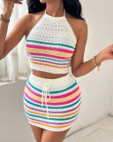 Sweater Print Backless Hanging Neck Top, Buttocks Wrapped Tight Skirt Set