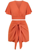 Casual Short Sleeved Shorts with Tie Up Solid Color Jumpsuit