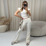 Solid Color Short Sleeved Exposed Navel Top Low Waisted Long Pants Set
