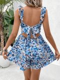 Sleeveless Square Neck Printed Elastic Waistband with Back Tie Up Jumpsuit Shorts