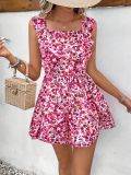 Sleeveless Square Neck Printed Elastic Waistband with Back Tie Up Jumpsuit Shorts