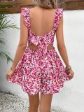 Sleeveless Square Neck Printed Elastic Waistband with Back Tie Up Jumpsuit Shorts