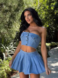 Elastic Wrapped Chest Button Denim Split Skirt Set