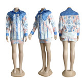 Elegant Denim Printed Slim Fit Casual Shirt Top+short Skirt