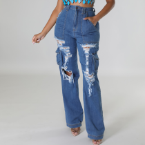 Loose High Waisted Wide Leg Ripped Jeans Casual Pants