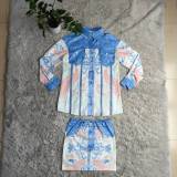 Elegant Denim Printed Slim Fit Casual Shirt Top+short Skirt