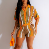 Hollow Out Perspective Contrasting Collar Knit Shorts Set