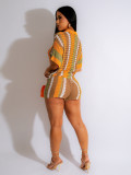 Hollow Out Perspective Contrasting Collar Knit Shorts Set