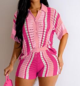 Hollow Out Perspective Contrasting Collar Knit Shorts Set