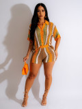 Hollow Out Perspective Contrasting Collar Knit Shorts Set
