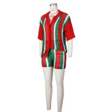 Hollow Out Perspective Contrasting Collar Knit Shorts Set