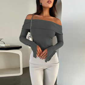 Off Shoulder Long Sleeved Top with a Straight Neck