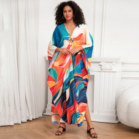 Positioning Print Holiday Loose Fit Long Robe Beach Cover Up Dress