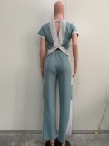 Color Blocking Loose Short Sleeved Straight Leg Pants Casual Two-piece Set