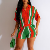 Hollow Out Perspective Contrasting Collar Knit Shorts Set