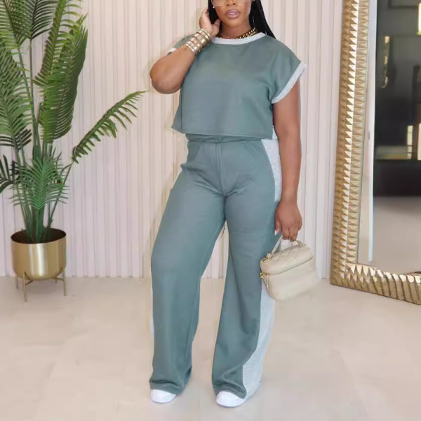 Color Blocking Loose Short Sleeved Straight Leg Pants Casual Two-piece Set