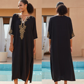 Embroidered Beach Cover Up, Embroidered Robe Style Vacation Sun Protection Cover Up