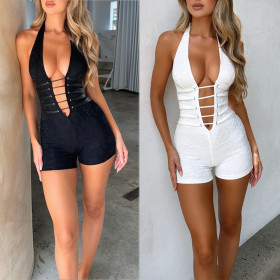 Lace Up and Tie Up Solid Color Slim Fit Jumpsuit