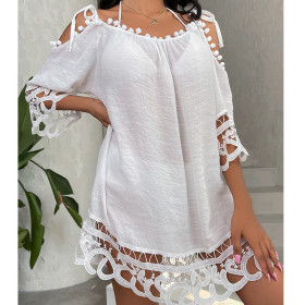 Hollow Lace One Shoulder Loose Casual Vacation Beach Sun Protection Swimsuit Cover Up