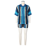 Hollow Out Perspective Contrasting Collar Knit Shorts Set