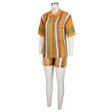 Hollow Out Perspective Contrasting Collar Knit Shorts Set