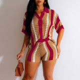 Hollow Out Perspective Contrasting Collar Knit Shorts Set