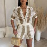 Hollow Out Perspective Contrasting Collar Knit Shorts Set