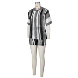 Hollow Out Perspective Contrasting Collar Knit Shorts Set