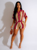 Hollow Out Perspective Contrasting Collar Knit Shorts Set