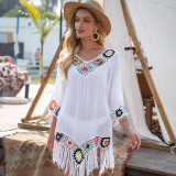 Off Shoulder Cropped Sleeves with Floral Stitching and Irregular Tassel Beach Sun Protection Cover