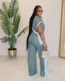 Color Blocking Loose Short Sleeved Straight Leg Pants Casual Two-piece Set