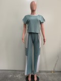Color Blocking Loose Short Sleeved Straight Leg Pants Casual Two-piece Set