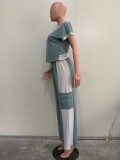 Color Blocking Loose Short Sleeved Straight Leg Pants Casual Two-piece Set