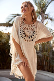 Off Shoulder Hollowed Out Loose Oversized Fringe Beach Cover Up