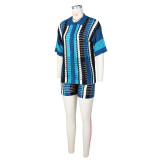Hollow Out Perspective Contrasting Collar Knit Shorts Set