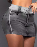 Color Blocking Patchwork Drawstring Denim Short Skirt