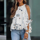 Flower Studded Off the Shoulder Tie Lotus Leaf Swing Casual Top