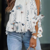 Flower Studded Off the Shoulder Tie Lotus Leaf Swing Casual Top