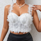 Eugenia Bubble Bead Fish Bone Chest Slim Fit Elastic Pearl Lace Sweet Strap Tank Top